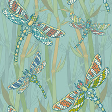 Fantasy Seamless Pattern With Dragonflies On The Lake