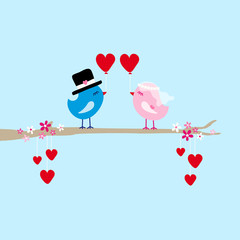 Wall Mural - Wedding Birds 2 Heart Balloons Tree Hearts Blue