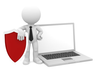 Businessman with shield and laptop. Internet security concept.