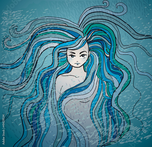 Obraz w ramie Syrenka - szkic kobiety z włosami jak fale morskie