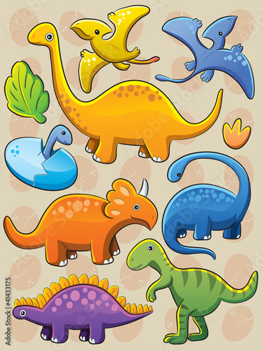 Tapeta ścienna na wymiar Zabawne kolorowe dinozaury na brązowym tle