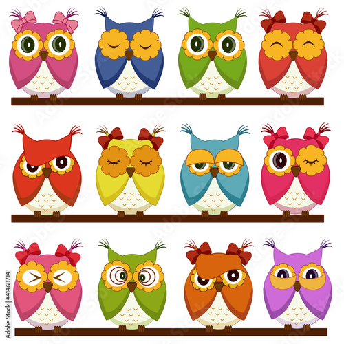 Naklejka na szybę Set of 12 owls with different emotions