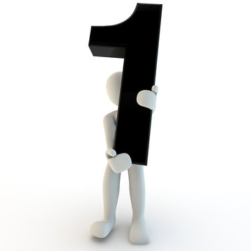 3D Human character holding black number 1, small people