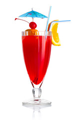 Wall Mural - Red alcohol cocktail with orange slice and umbrella isolated