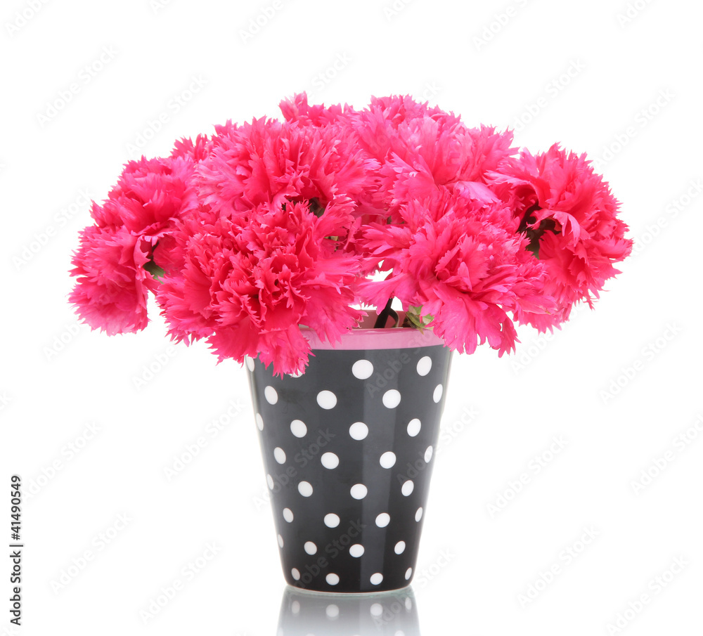 Bouquet of carnations in a vase isolated on white