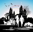 silhouette running loving couple in front of the castle