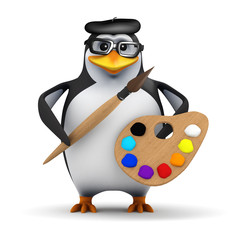 Poster - 3d Penguin in glasses with palette and brush