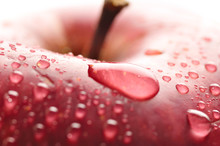 Red Wet Apple With Big Droplet, Macro Shot
