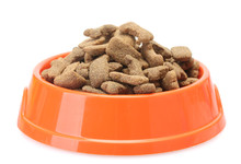 Dry Dog Food In Orange Bowl  Isolated On White