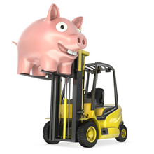 Fork Lift Truck Lifts Up Coin Bank