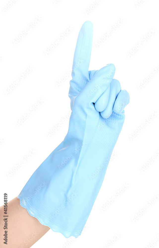 Hand in color cleaning glove isolated on white