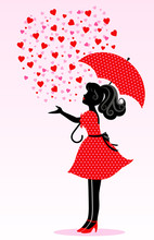 Silhouette Of A Girl Under A Rain Of Hearts