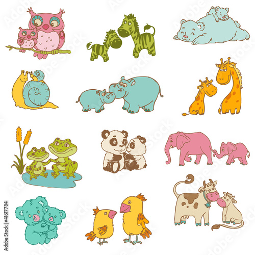 Nowoczesny obraz na płótnie Baby and Mommy Animals - hand drawn - in vector