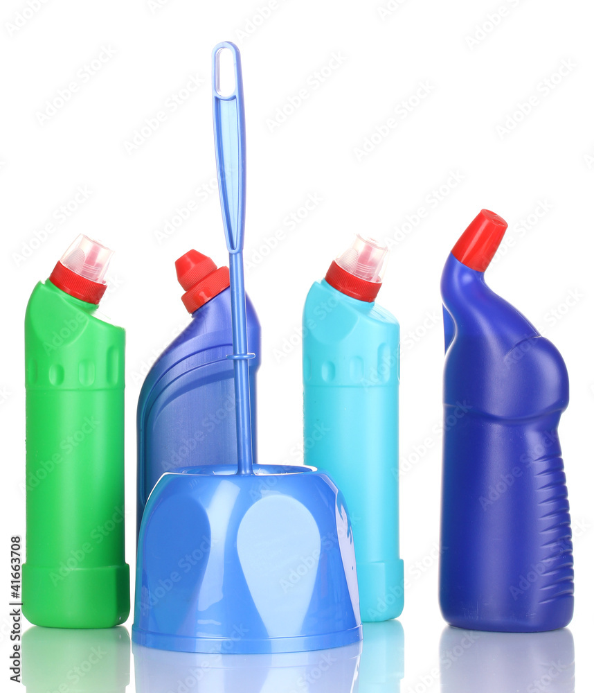 Cleaning items and brush for toilet isolated on white