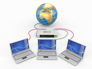 Poster - Home Network. Router and three laptops