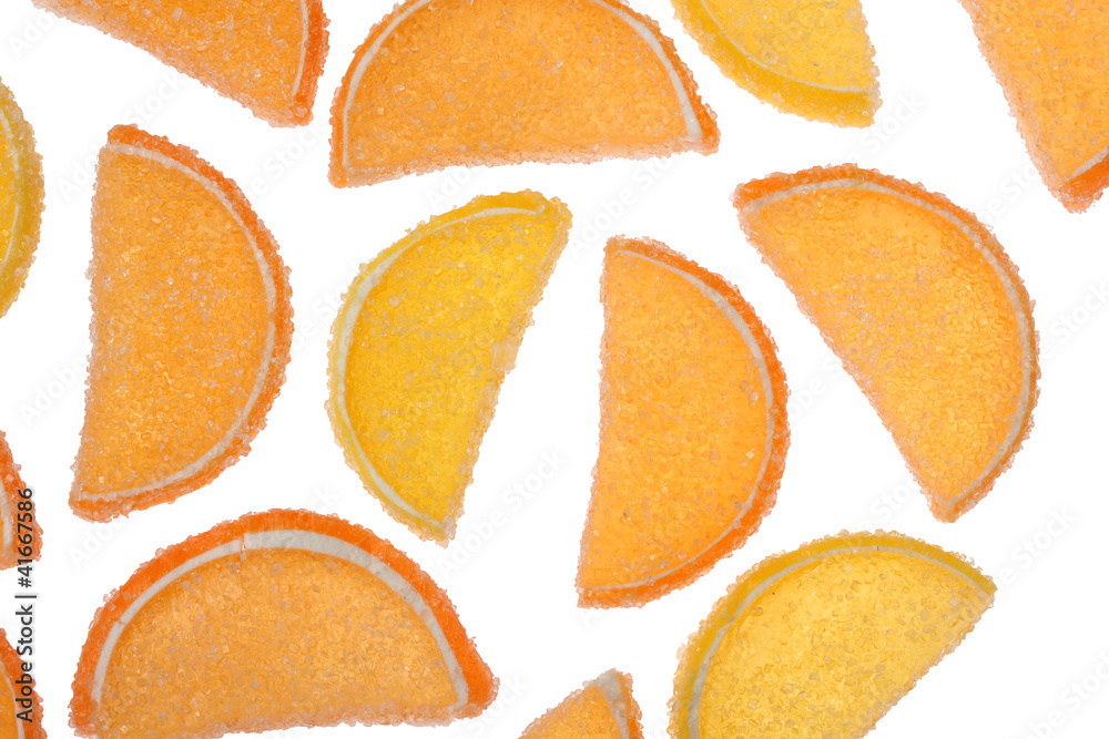 orange jelly candies isolated on white