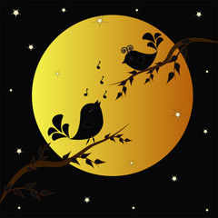 Singing birdies on branches under the moon