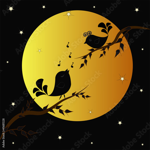 Fototapeta na wymiar Singing birdies on branches under the moon