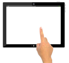 The best PC tablet computer and hand pushing a button on a touch