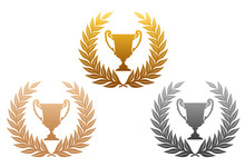 Golden, Silver And Bronze Laurel Wreaths With Trophy