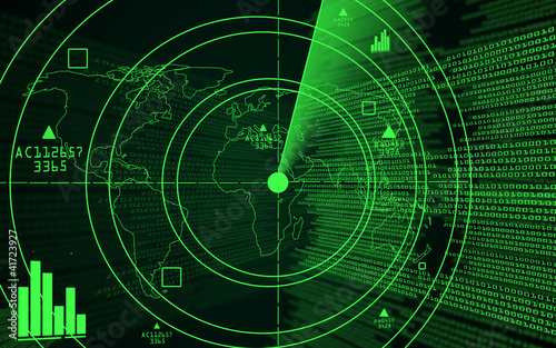 Fotomural A green radar with a world map