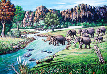 Elephant Crossing The River By Oil Painting