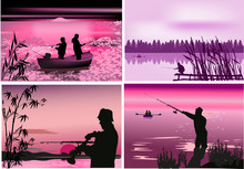 Fishermen Near Rivers At Sunset