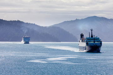 Two car ferries in Marlborough Sounds, New Zealand