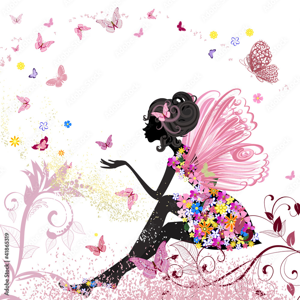 Flower Fairy in the environment of butterflies - obrazy, fototapety, plakaty 