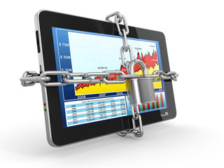Poster - Tablet pc security. Chain with lock on computer.