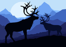 Deer Family Couple Silhouettes In Wild Mountain Nature Landscape