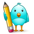 Cute bird standing holding a giant pencil