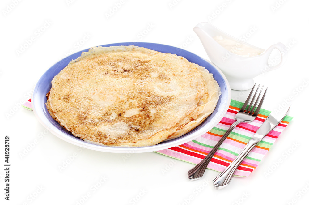 Stack of tasty pancakes isolated on white