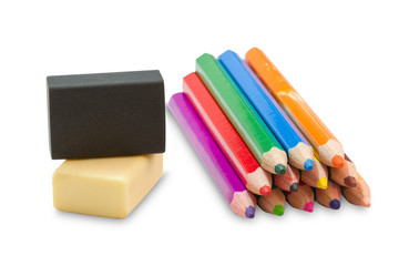 Colouring crayon pencils with erasers isolated on white backgrou