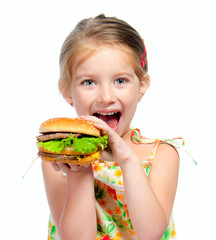 little girl eating a sandwich isolated