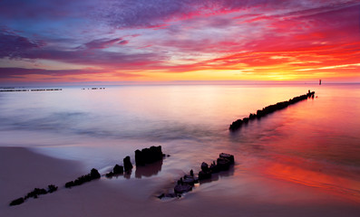 Canvas Print - Baltic sea at beautiful sunrise in Poland beach.