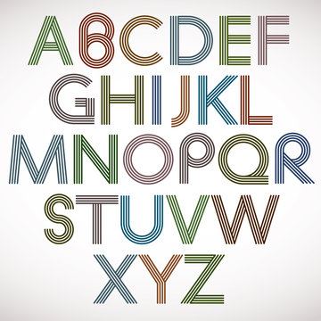Retro style alphabet, striped letters vector typeface.