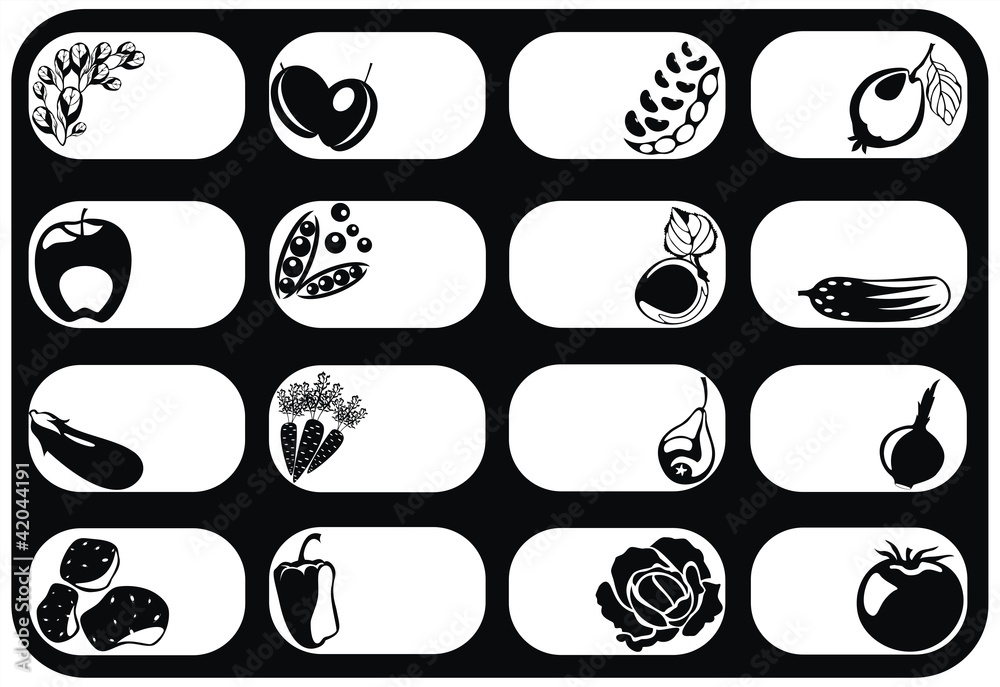 black and white fruits and vegetables set Stock Vector | Adobe Stock