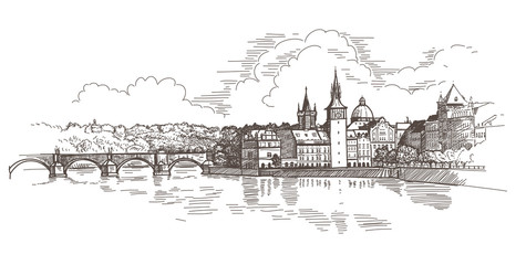 Panorama of Prague. View of Charles Bridge and the Vltava river