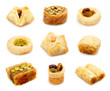 Arab sweets isolated on white, turkish and egyptian food baklava and other oriental dessert