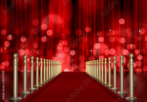 Fotografie, Obraz red carpet entrance with red Light Burst over curtain