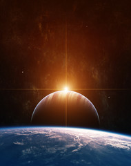 Wall Mural - rising sun on giant gas planet and blue planet