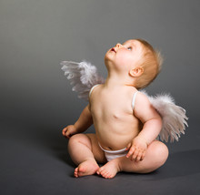 Infant Baby With Angel Wings On Neutral Background