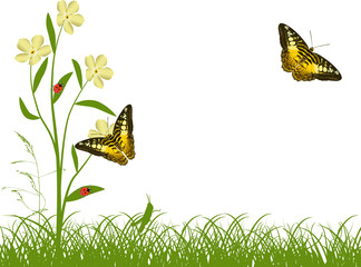 Sticker - yellow butterflies and flowers in green grass