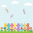 Colorful fence with flowers and dragonflies