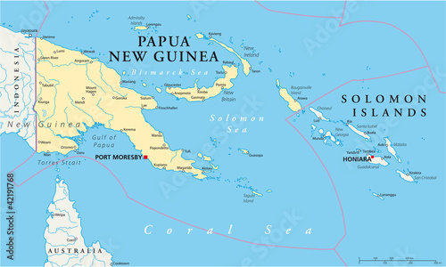 Fotomural Papua New Guinea political map with capital Port Moresby, national borders, most important cities, rivers and lakes