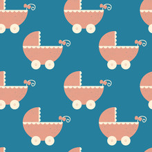 Seamless Baby Retro Pattern With Baby Stroller