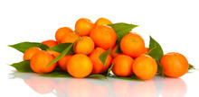 Ripe Tasty Tangerines With Leaves Isolated On White