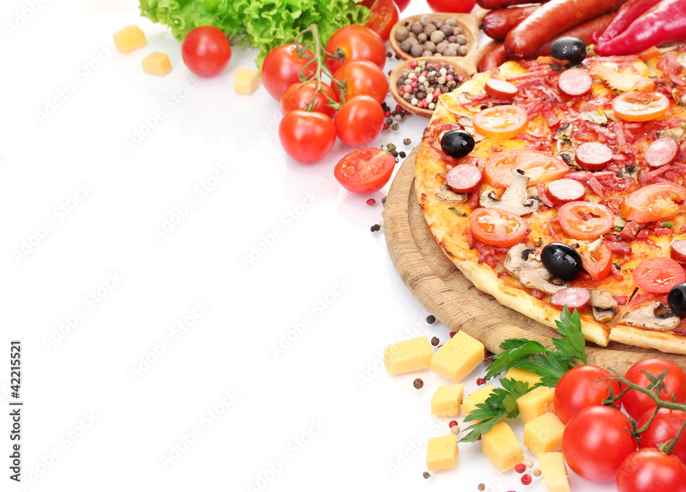 delicious pizza, vegetables and salami isolated on white.
