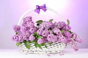 Sticker - beautiful lilac flowers in basket on purple background